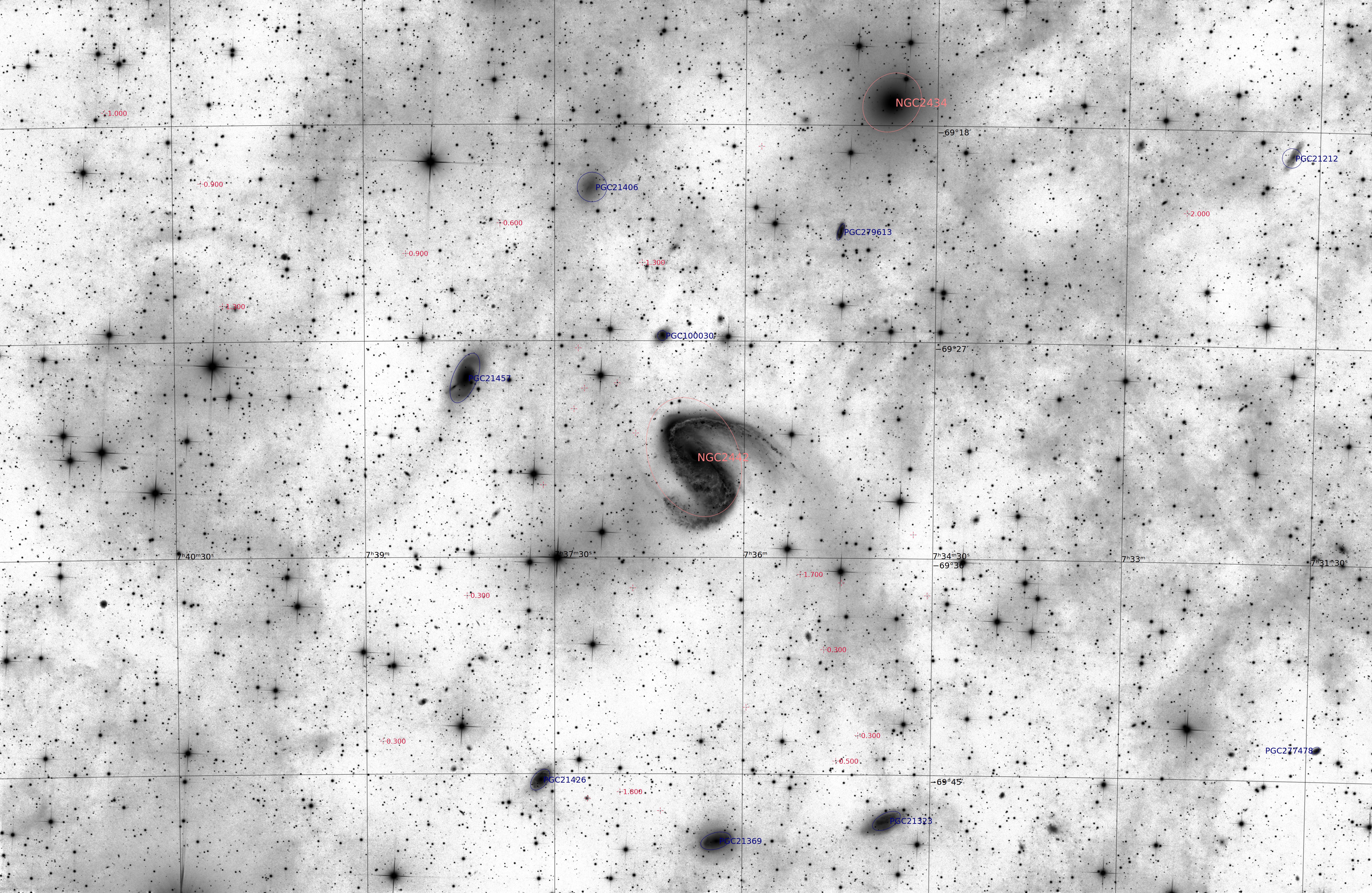 NGC 2442/2443 - The Meathook Galaxy annotated image